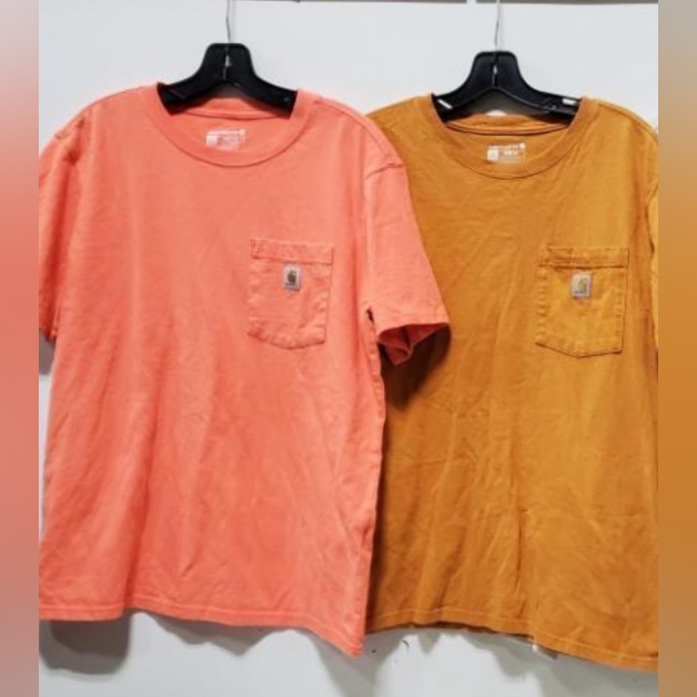 Carhartt Short Sleeve Pocket Tees 2PCS Lot Size L- Coral and Mustard Used Exc - Picture 1 of 6